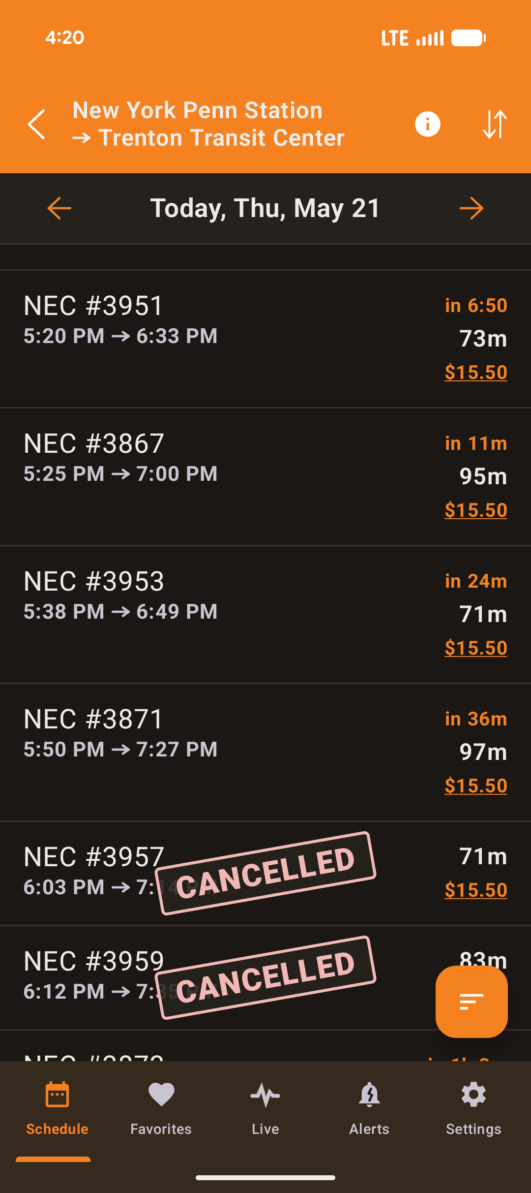 NJ Rails live departures screen on Android