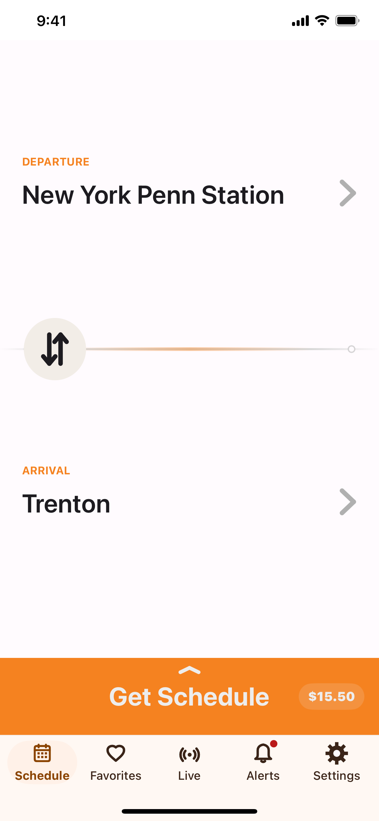 NJ Rails schedule screen on iPhone